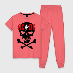 Пижама хлопковая женская AC/DC Skull цвета коралловый — фото 1