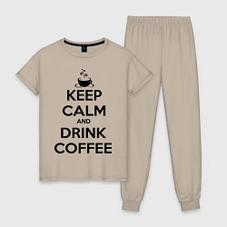 Пижама хлопковая женская Keep Calm & Drink Coffee, цвет: миндальный