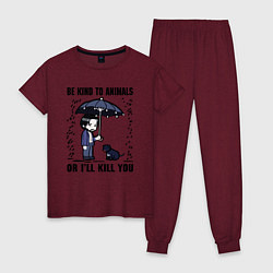 Пижама хлопковая женская Be kind to animals or I'll kil, цвет: меланж-бордовый