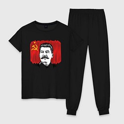 Пижама хлопковая женская Сталин и флаг СССР, цвет: черный