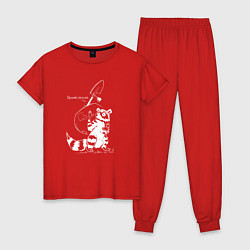 Пижама хлопковая женская Курьер - Енот - Пенсия, цвет: красный