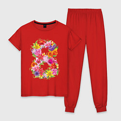 Пижама хлопковая женская 8 марта из цветов, цвет: красный