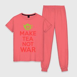 Пижама хлопковая женская Make tea not war, цвет: коралловый