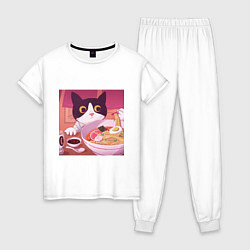 Пижама хлопковая женская Кот и лапша, цвет: белый