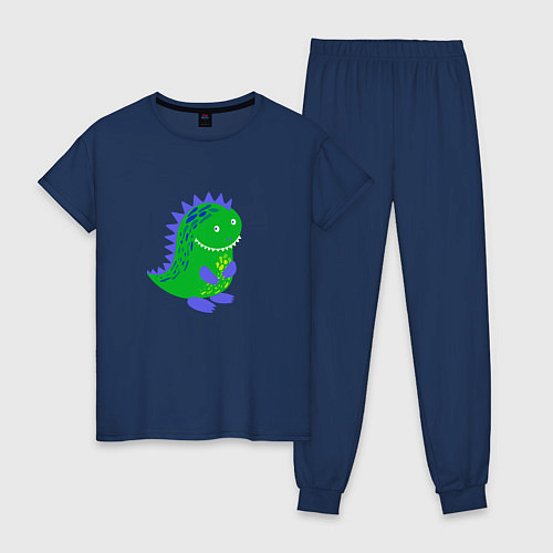 Женская пижама Зеленый дракончик-динозаврик / Тёмно-синий – фото 1