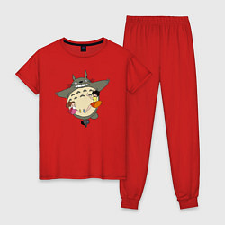 Пижама хлопковая женская Тоторо и девочки, цвет: красный