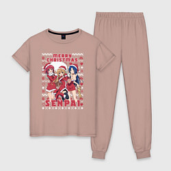 Пижама хлопковая женская MERRY CHRISTMAS SENPAI, цвет: пыльно-розовый
