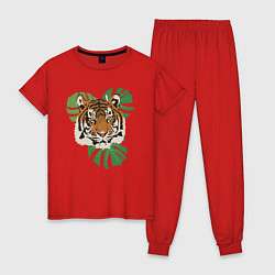 Пижама хлопковая женская Тигр в джунглях, цвет: красный
