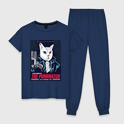 Пижама хлопковая женская Кот Терминатор пародия, цвет: тёмно-синий