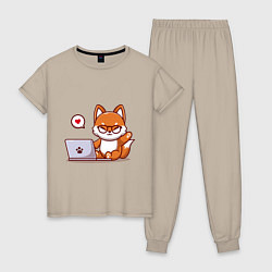 Пижама хлопковая женская Cute fox and laptop, цвет: миндальный