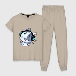Пижама хлопковая женская Котик в наушниках, цвет: миндальный