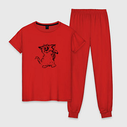 Пижама хлопковая женская Котенок с вилкой и сосиской, цвет: красный