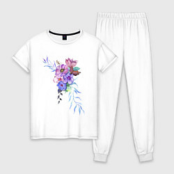 Пижама хлопковая женская Акварель цветы, цвет: белый