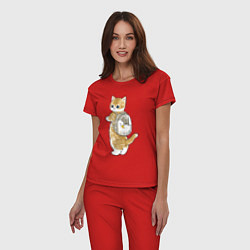 Пижама хлопковая женская Котёнок с гусём, цвет: красный — фото 2