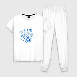Пижама хлопковая женская Контур головы синего тигра, арт лайн, цвет: белый