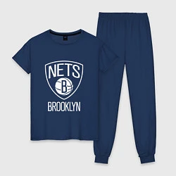 Пижама хлопковая женская Бруклин Нетс логотип, цвет: тёмно-синий