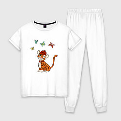 Пижама хлопковая женская Тигр и бабочки 2022 Новый год, цвет: белый