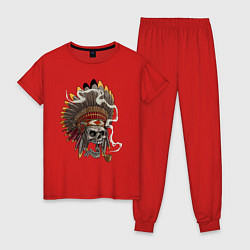 Пижама хлопковая женская Череп вождя, цвет: красный