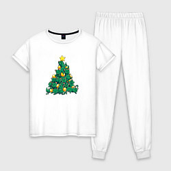 Пижама хлопковая женская Christmas Tree Made Of Green Cats, цвет: белый