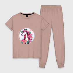Пижама хлопковая женская Единорог среди цветов и ягод Акварель, цвет: пыльно-розовый