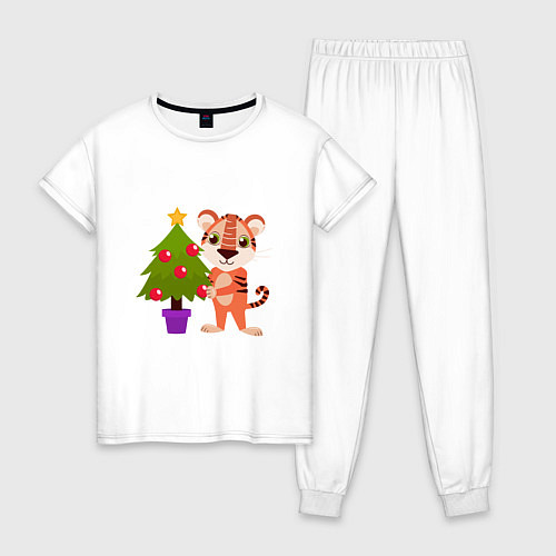 Женская пижама Тигр наряжает новогоднюю елку / Белый – фото 1