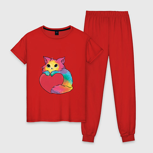 Женская пижама Влюбленный котик держит сердце / Красный – фото 1
