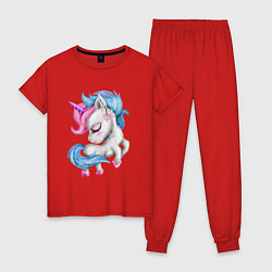 Пижама хлопковая женская Единорог с голубой гривой, цвет: красный