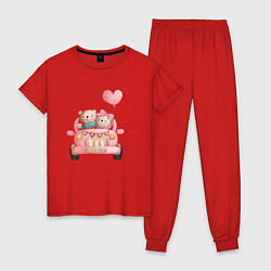 Пижама хлопковая женская Влюбленные мишки на машине, цвет: красный