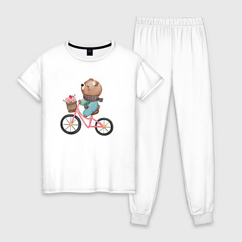 Женская пижама Медведь с цветами на велосипеде / Белый – фото 1