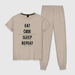 Пижама хлопковая женская EAT CODE SLEEP REPEAT, цвет: миндальный