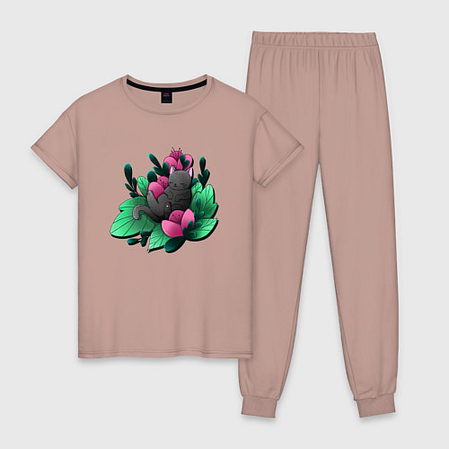 Женская пижама Котик в растениях / Пыльно-розовый – фото 1