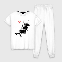 Пижама хлопковая женская Banksy - Бэнкси девочка на качелях, цвет: белый