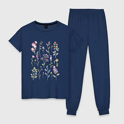 Пижама хлопковая женская Акварельный рисунок растений, цвет: тёмно-синий