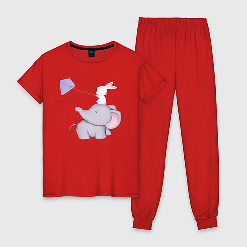 Женская пижама Милый Слонёнок и Кролик Играют С Воздушным Змеем / Красный – фото 1