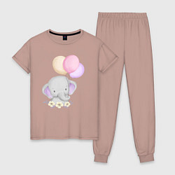 Пижама хлопковая женская Милый Слонёнок Играет С Воздушными Шариками, цвет: пыльно-розовый