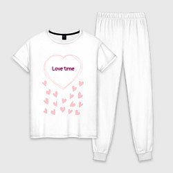 Пижама хлопковая женская Розовые сердечки надпись Время любви, цвет: белый