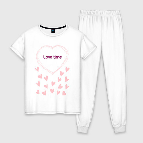 Женская пижама Розовые сердечки надпись Время любви / Белый – фото 1