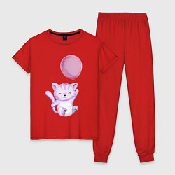 Пижама хлопковая женская Милый Котёнок Летит На Воздушном Шаре, цвет: красный