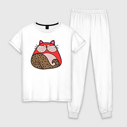 Пижама хлопковая женская Красный абстрактный кот, цвет: белый