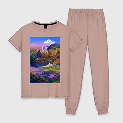 Пижама хлопковая женская Абстрактный пейзаж, цвет: пыльно-розовый
