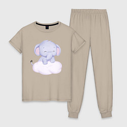 Пижама хлопковая женская Милый Слонёнок Стоит На Облаке, цвет: миндальный
