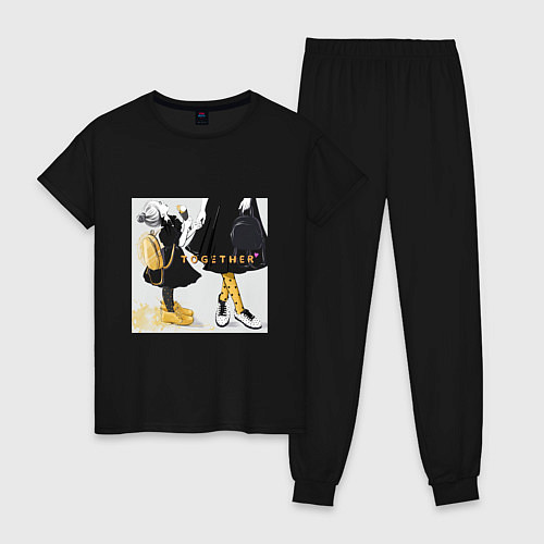 Женская пижама Мама и дочка с мороженым держатся за руки надпись / Черный – фото 1