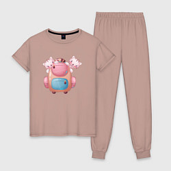 Пижама хлопковая женская Котята выглядывают из рюкзака, цвет: пыльно-розовый