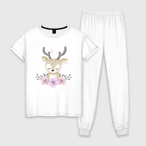 Женская пижама Милый Оленёнок С Цветочками / Белый – фото 1