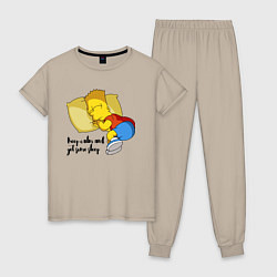 Пижама хлопковая женская Успокойся и немного поспи - Барт Симпсон, цвет: миндальный