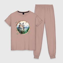 Пижама хлопковая женская Рисунок на бревне - волк, цвет: пыльно-розовый