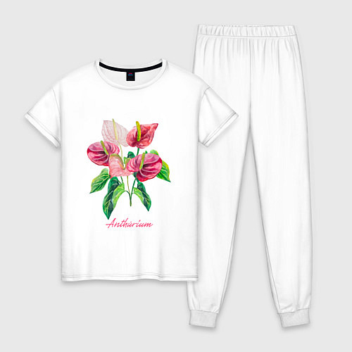 Женская пижама Розовый антуриум Ботаническая акварельная иллюстра / Белый – фото 1
