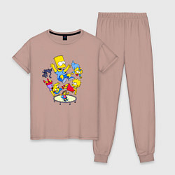 Пижама хлопковая женская Персонажи из мультфильма Симпсоны прыгают на батут, цвет: пыльно-розовый