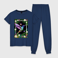 Пижама хлопковая женская Колибри в тропиках, цвет: тёмно-синий