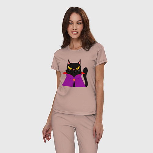 Женская пижама Чёрный котик-волшебник / Пыльно-розовый – фото 3